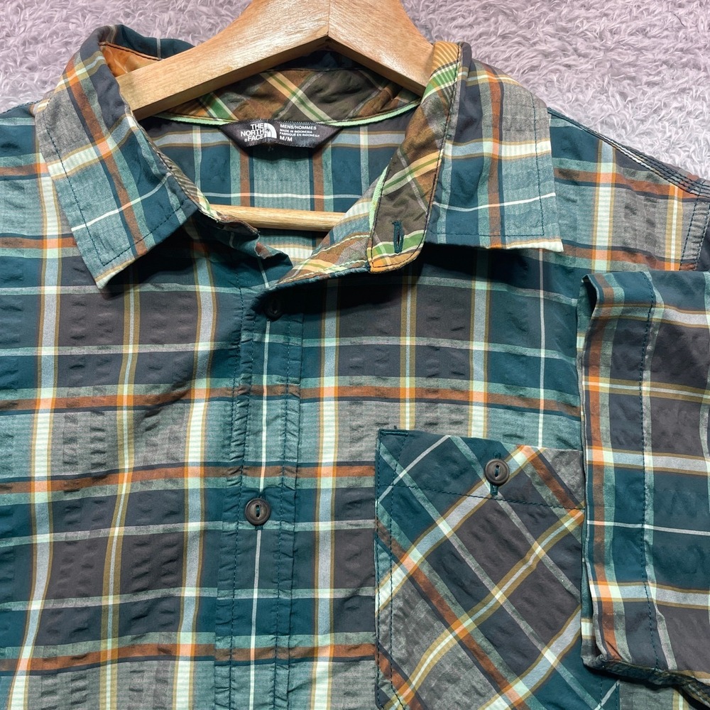 The North Face Mens Plaid Short Sleeve Button Up Shirt Teal Orange Medium
